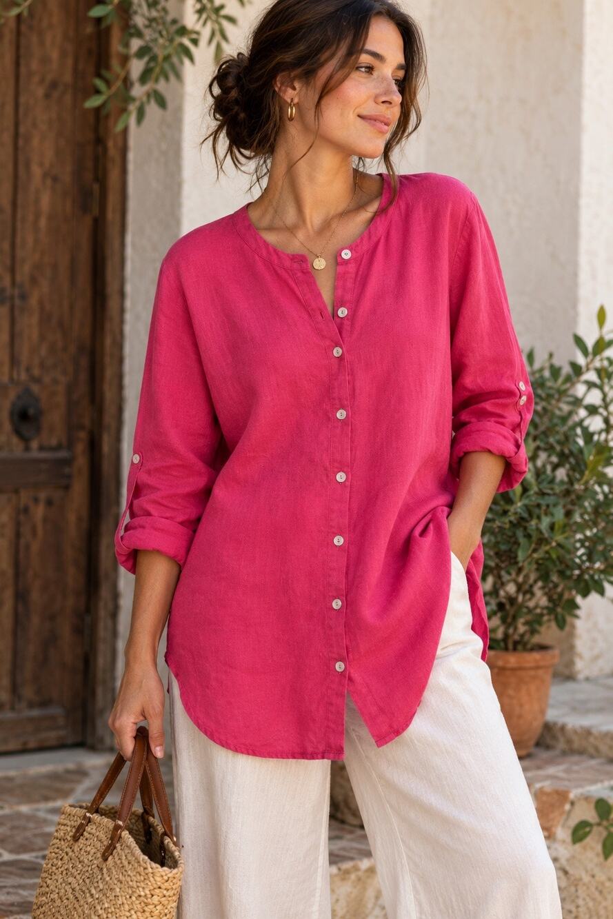 FLAX Hot Pink Relaxed Fit Long Sleeve Button Down Pure Linen Top Small Lagenlook